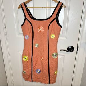 VTG Sue Wong Studios Orange Floral Patch Applique Mini Dress Sz S Retro Bohemian